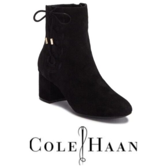 Cole Haan Womens Black Suede Side Zip Lace Up Block Heel Ankle Bootie Sz 8.5 New - Picture 2 of 8